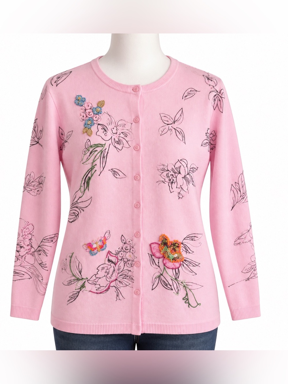 White Stag Pink Beaded Floral Cardigan L 12/14